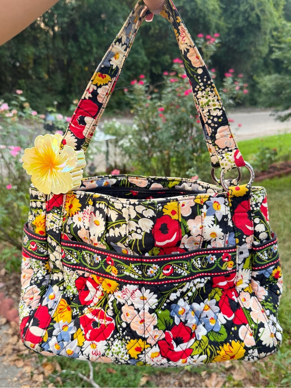 Floral Quilted Shoulder Bag - Black Multicolor
